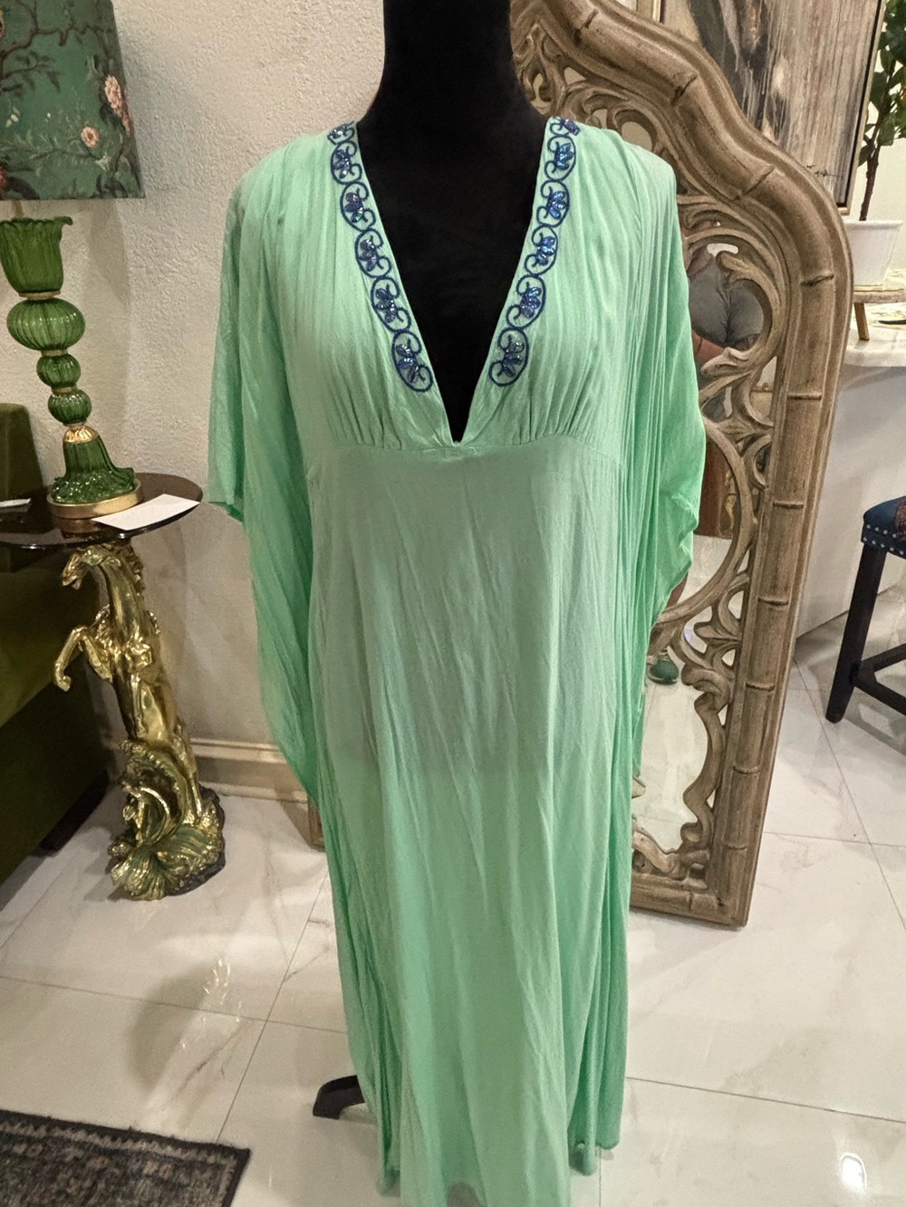 Women’s Mint Green Swim Cover-Up Caftan with Embroidered V-Neck